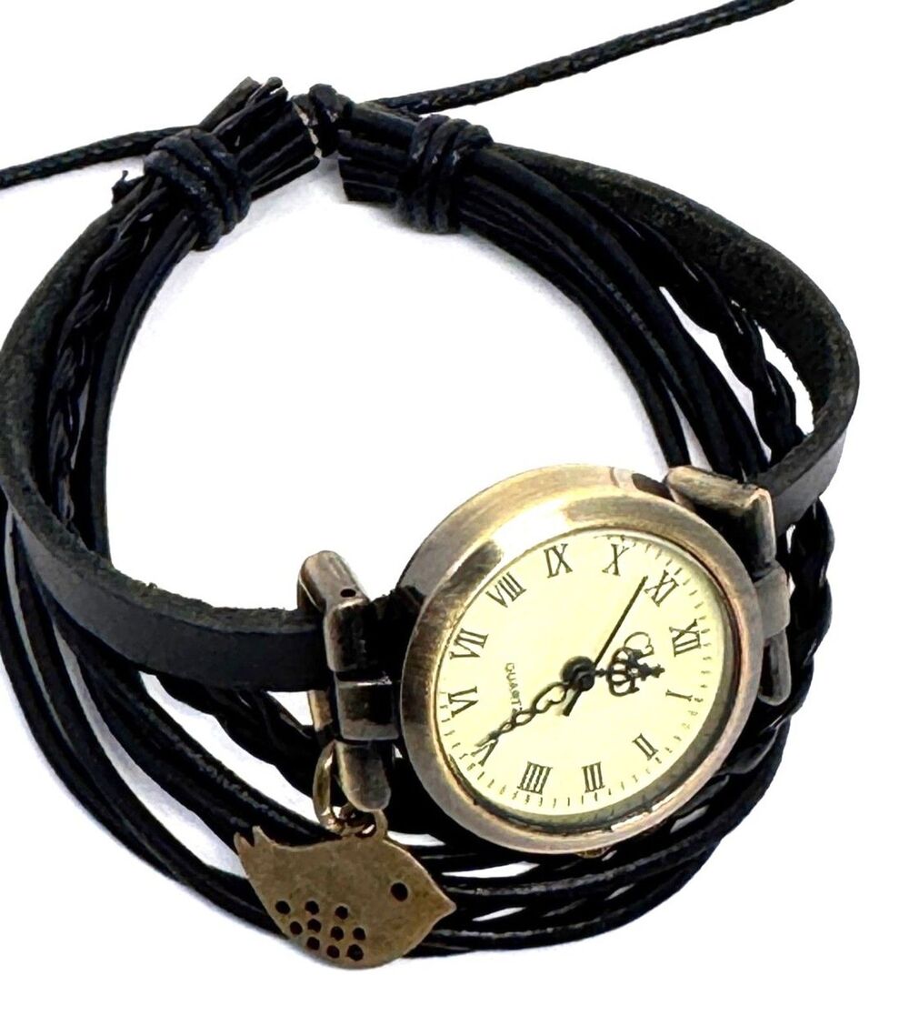 Black Wrap Ladies Women's Watch Wrap with Cute Bird Charm #1187 - Picture 5 of 8